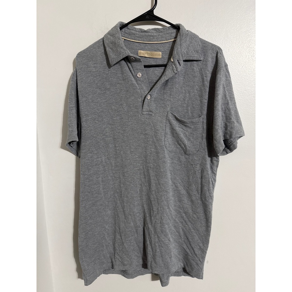 Nifty Genius Mens Grey Heathered Jersey Polo Shirt Short Sleeve Pocket Size M